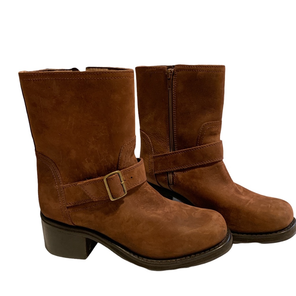 Women's Brown Suede Mid-Calf Combat Boots with Buckle